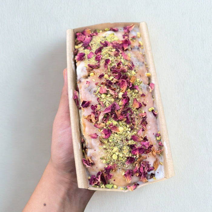 fluffy, moist rose pistachio teacake, also available in vegan eggless gluten free option.